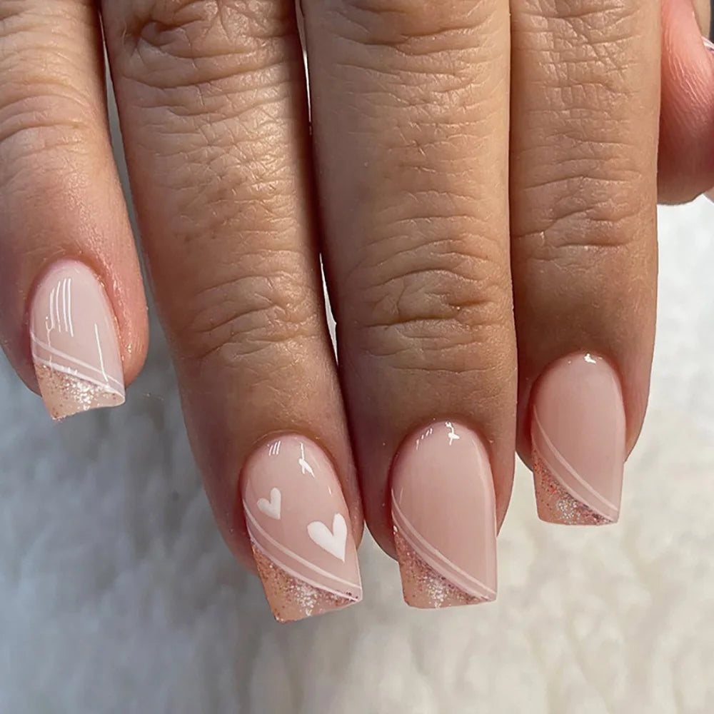 24pcs/set short Medium fake nails square ballet almond nail tips pink beautiful heart for Valentine's Day press on false nails 1076