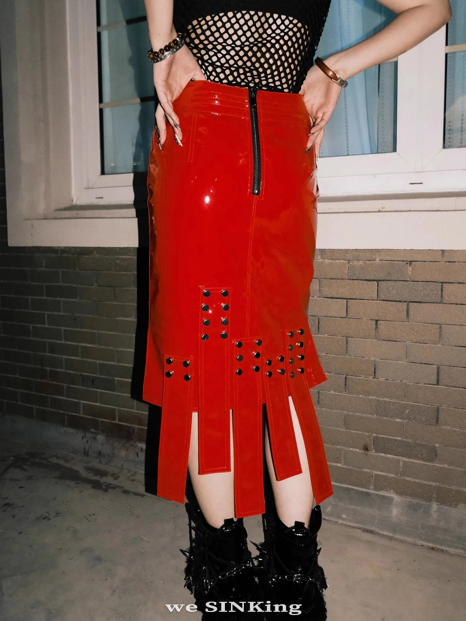Lautaro Spring Summer Sexy Shiny Reflective Red Faux Leather Midi Asymmetrical Skirt Women Rivet Goth Style Y2K Streetwear 2025