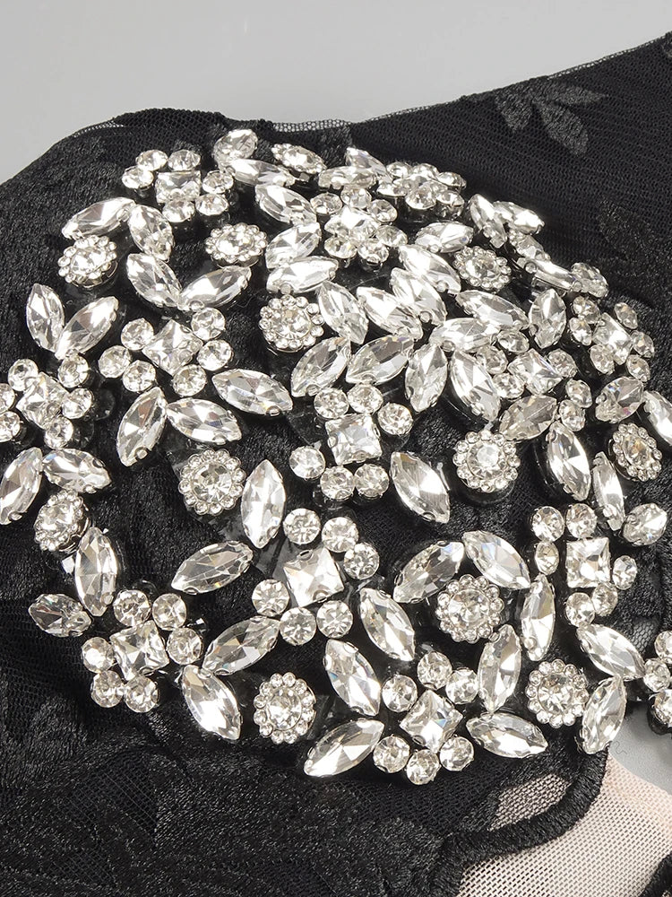 Black Lace Appliques Long Dress for Women Rhinestones Halter High Slit Diamonds Sleeveless Trumpet Cocktail Evening Gown