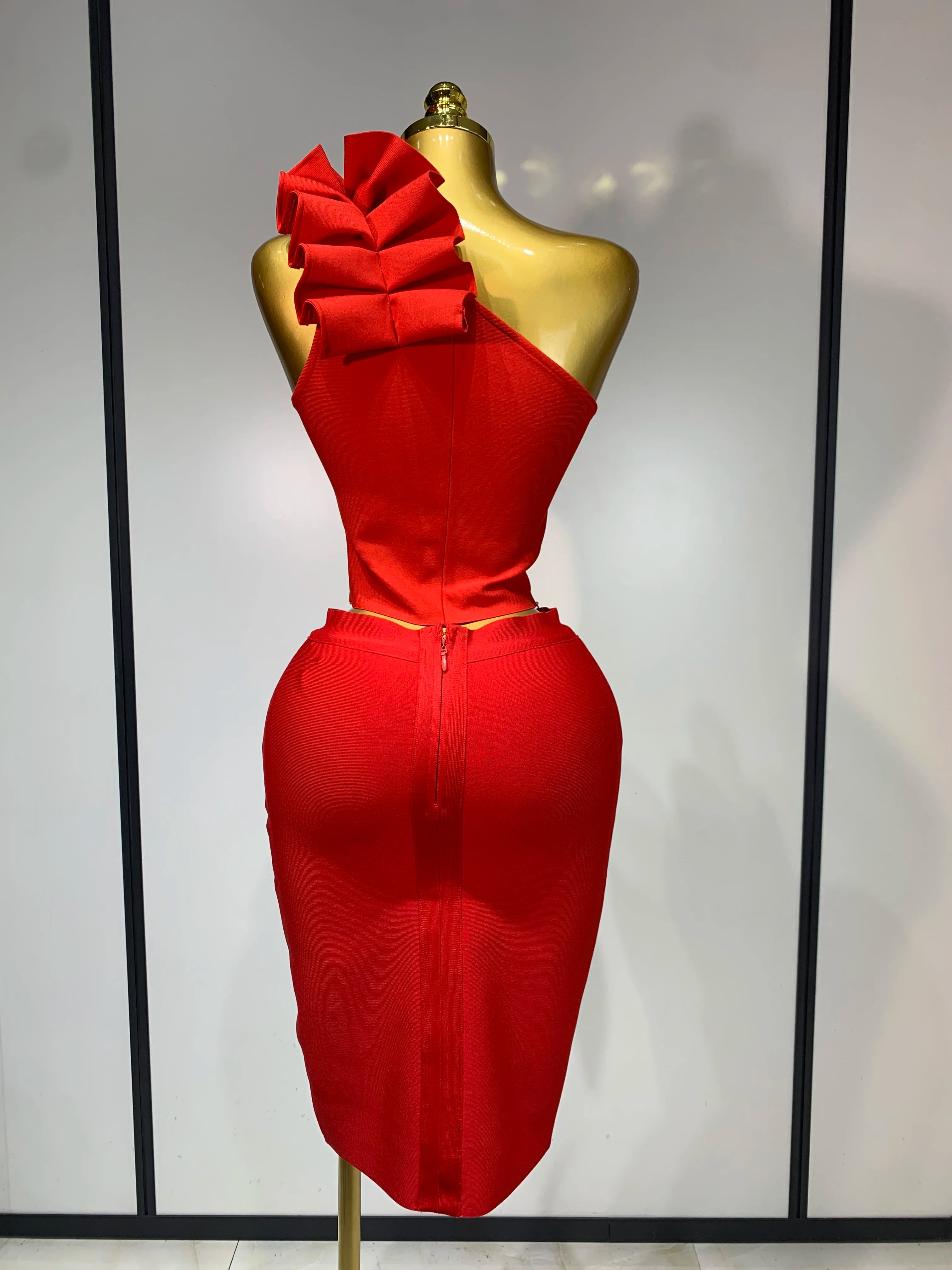 Women Sexy Sleeveless Ruffles One Shoulder Bandage Two Piece Set Fancy Club Evening Celebrity Elegant Party Bodycon Vestidos