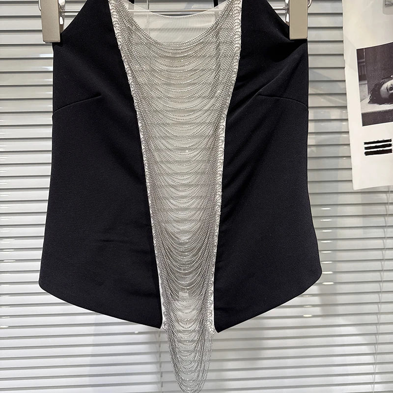 Winter New Fashion Chain Tassel Hollow Design Lace-Up Halter Neck Camisole For Women Backless Tank Tops 11A07579