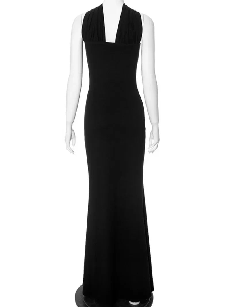 Sexy Elegant Summer Sleeveless Halter Neck Long Maxi Dresses for Women Sexy Off Shoulder Bodycon Evening Party Black Dress