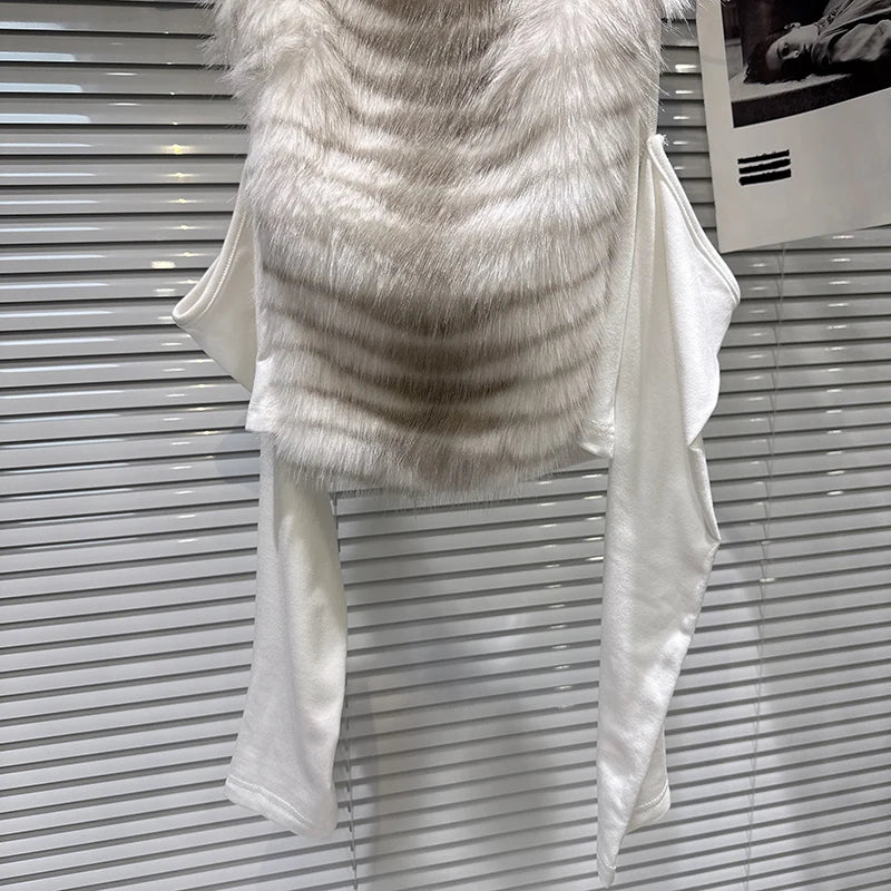 Winter New Fashion Gradient Furry Patchwork Off-Shoulder T-Shirt For Women Versatile Slim Fit Tops Female 11A07698