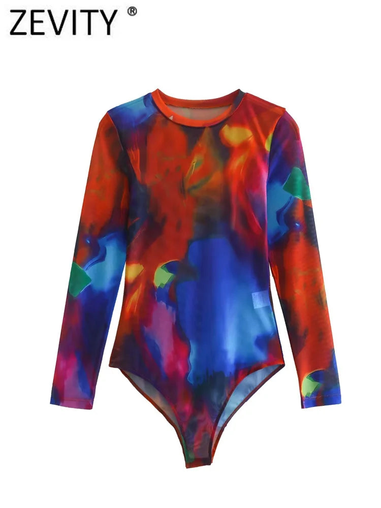Zevity Women Vintage Ink Painting Graffiti Print Mesh Yarn Slim Bodysuits Ladies Sexy Perspective Playsuits Mujer Rompers LS2633