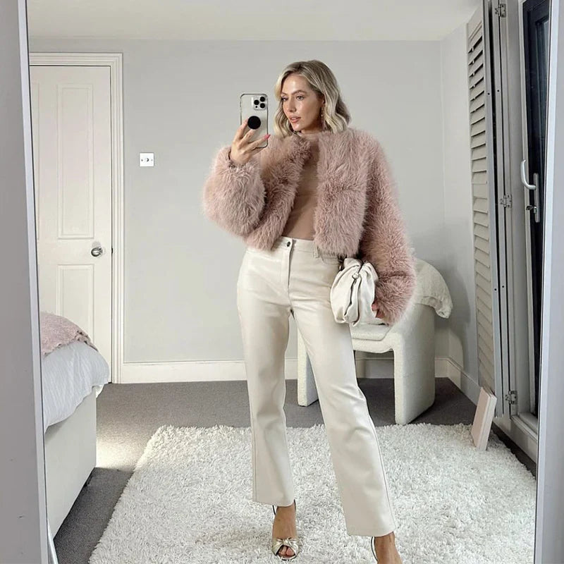 Short Faux Fur Coats Women Plush Autumn Winter O-neck Open Stitch Loose Women's Coat Long Sleeve Casual Jacket Female Streetwear