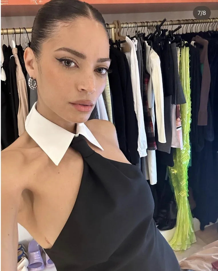 2023 New summer Fashion Design Turn Down Collar Sleeveless Black Mini Dress Woman Rayon Bandage Dress Evening Party Outfit