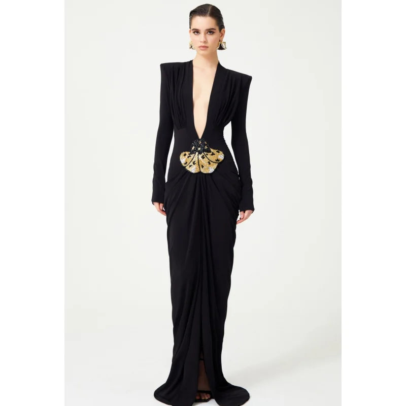 2025 New Beaded Decoration Sexy V-Neck Package Hip Black Floor Length Dress Celebrity Party Dress Woman Cocktail Outfit