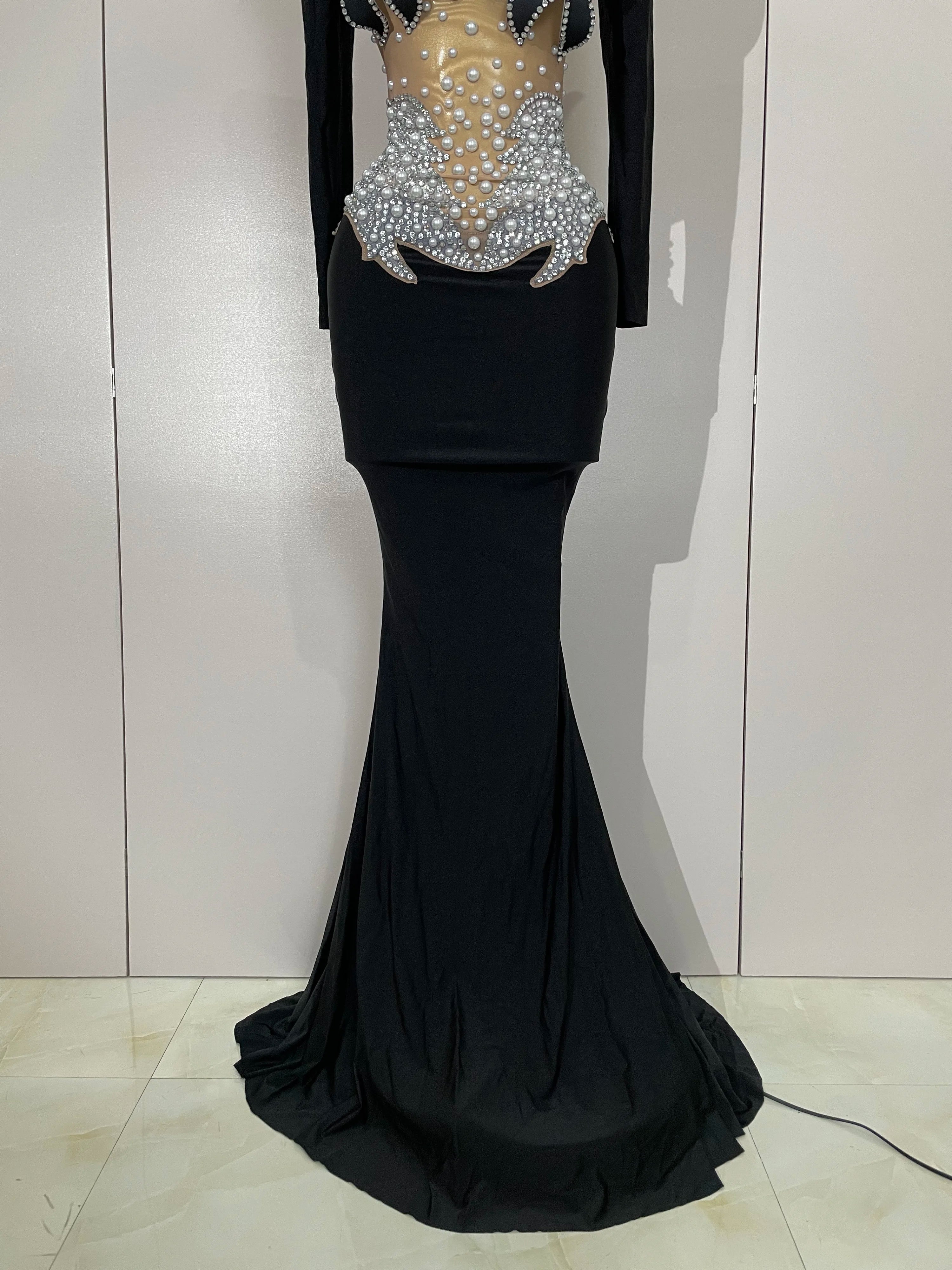 Sparkly Diamonds Pearl Black Sexy See Through Mesh Long Dress Women Wedding Evening Luxury Birthday Party Stage Photoshoot Dress