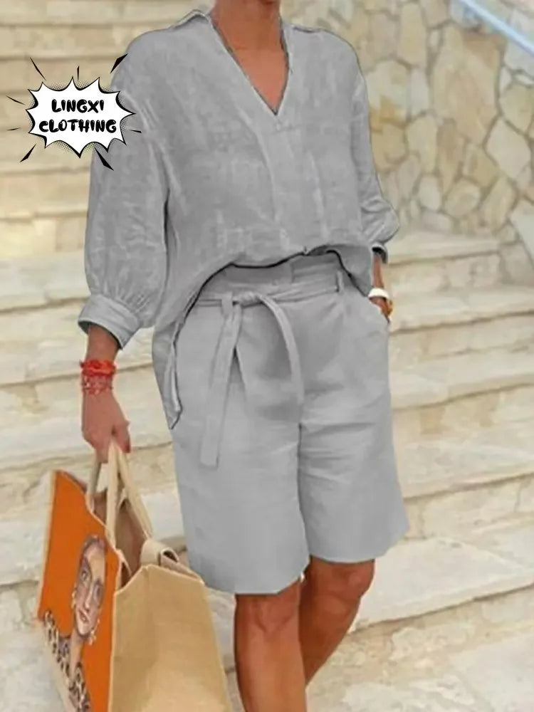 2024 Summer Fashion Plus Size New Matching Collection Women's Shorts Set V-neck Short Sleeves Sports Cotton Linen Two Piece Set