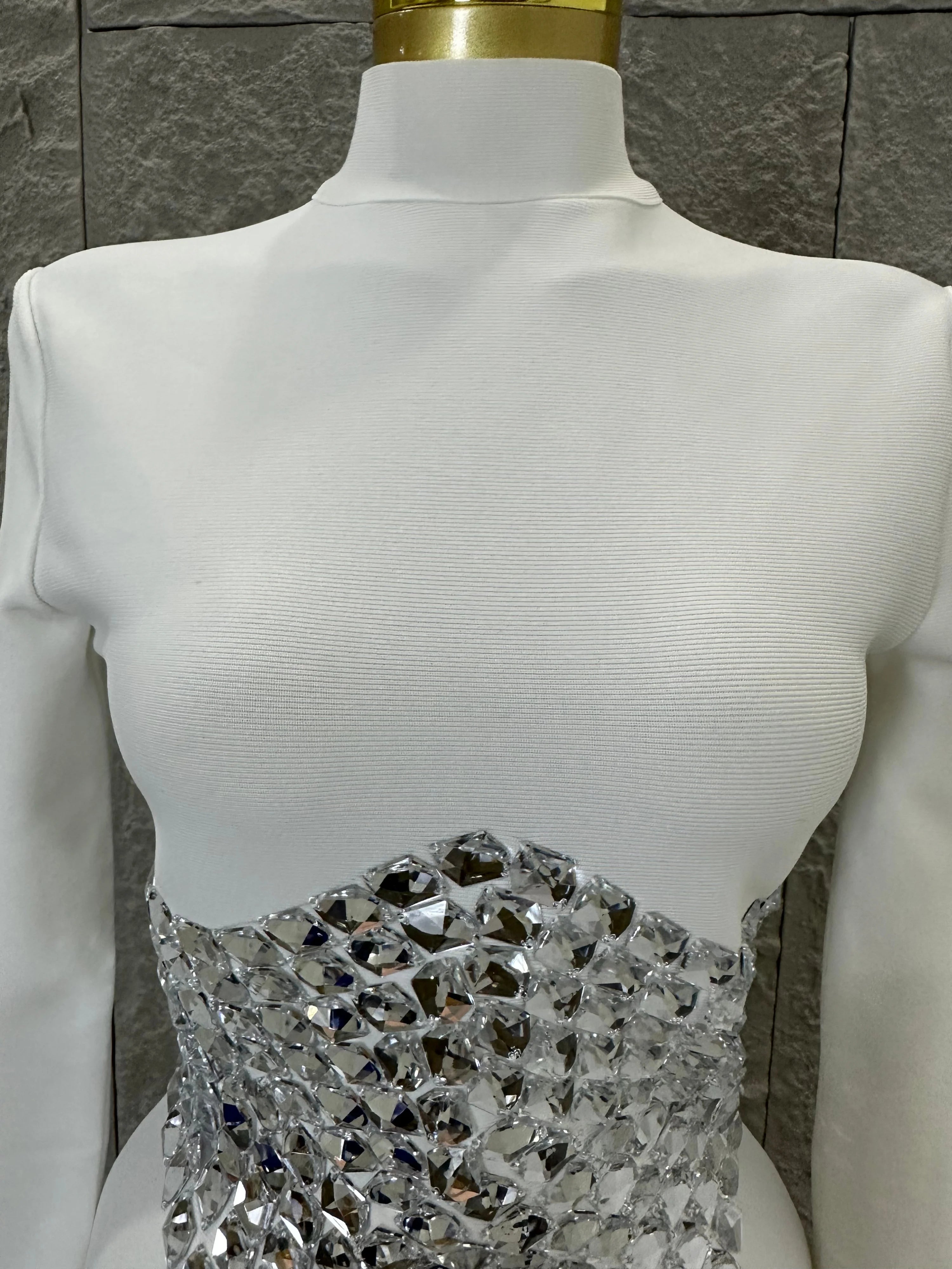 2026 White High Neck Maxi Dress Women Sexy Long Sleeve Full Crystal Waist Embellished Form-Fitting Outfit Cocktail Party Costume