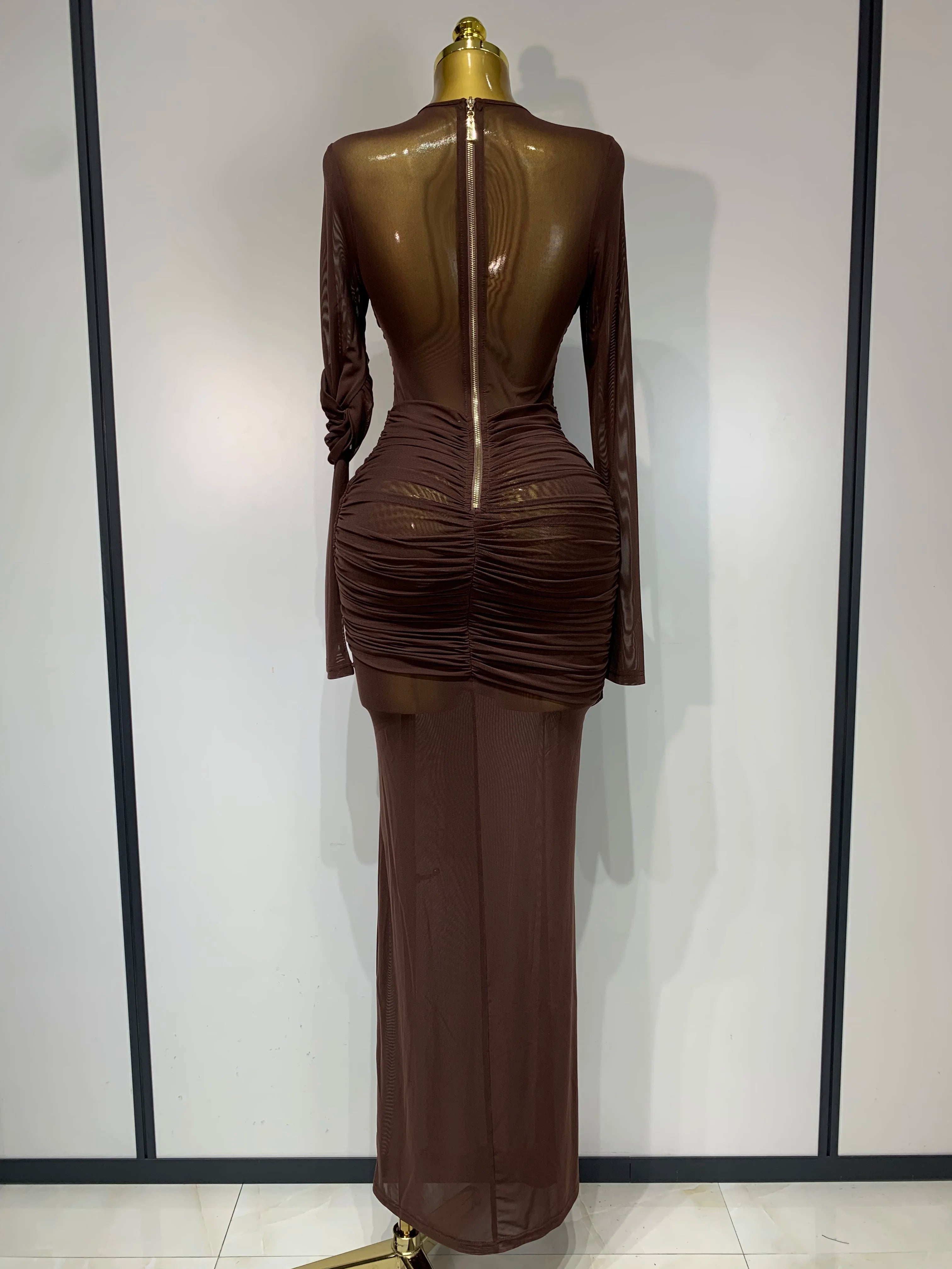 Elegant Brown Mesh Fold Long Sleeve Bodycon Dress Women 2025 Evening Party Club Sexy Perspective Fashion Luxury Birthday Dresses
