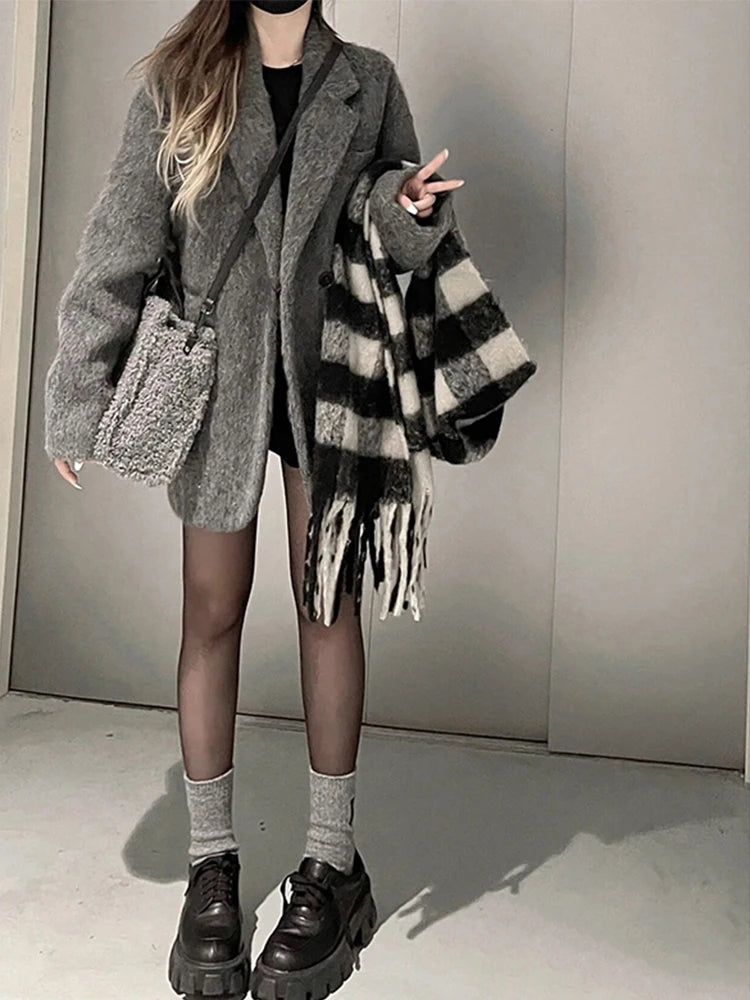 Lautaro Autumn Winter Grey Black Warm Soft Woolen Blazer Women Long Sleeve Single Breasted Korean Fashion New in Coats & Jackets Gray