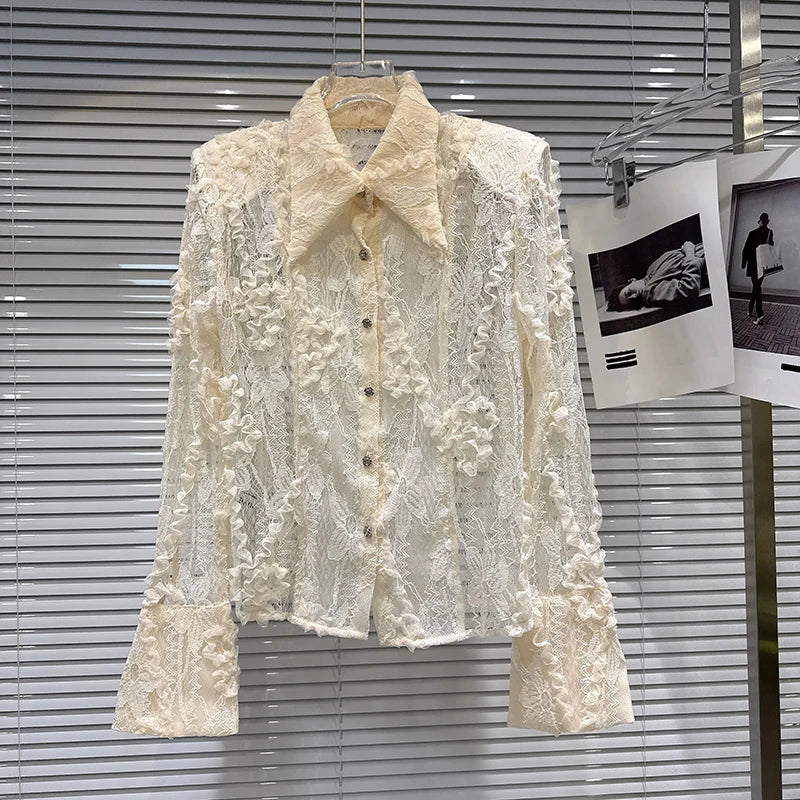 Winter New Fashion Pleated Lace Embroidery Shoulder Pad Long Sleeve Lapel Shirt For Women Blouse Female 11A07582 Apricot