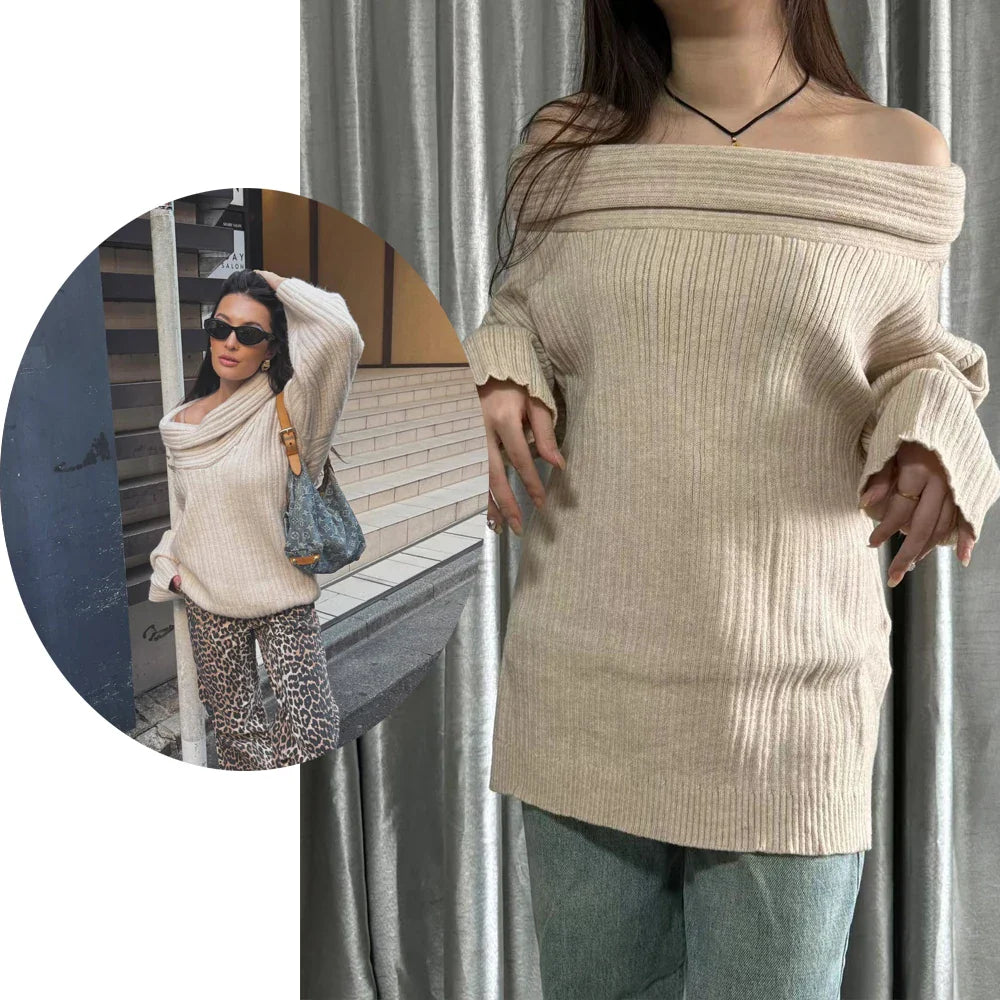 Autumn Oversized Sweater for Women Sexy Slash Neck Knit Pullovers Long Sleeve Women's Sweater Loose-fit Casual Knitwear 2024 Apricot One Size
