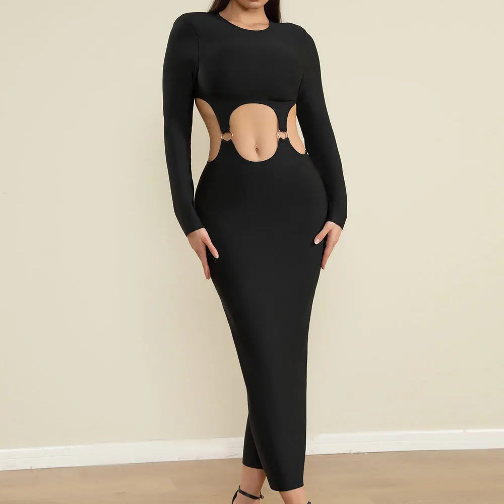 2025 Spring Women's Open Waist Design Black Bandage Dresses O-Neck Long Sleeve Bodycon Long Dress Evening Club Party Vestidos