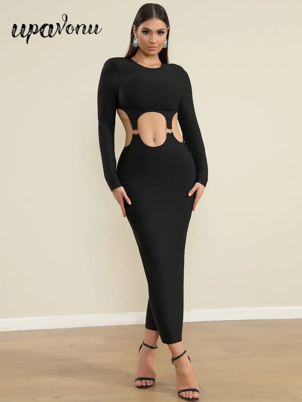 2025 Spring Women's Open Waist Design Black Bandage Dresses O-Neck Long Sleeve Bodycon Long Dress Evening Club Party Vestidos