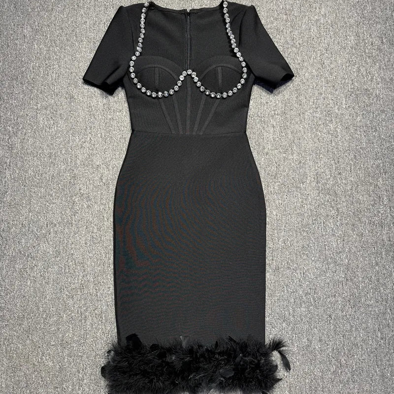 Black Color Women Sexy Short Sleeve Square Collar Feathers Bodycon Mid-calf Bandage Dress Celebrate Nightclub Party Fashion Wear
