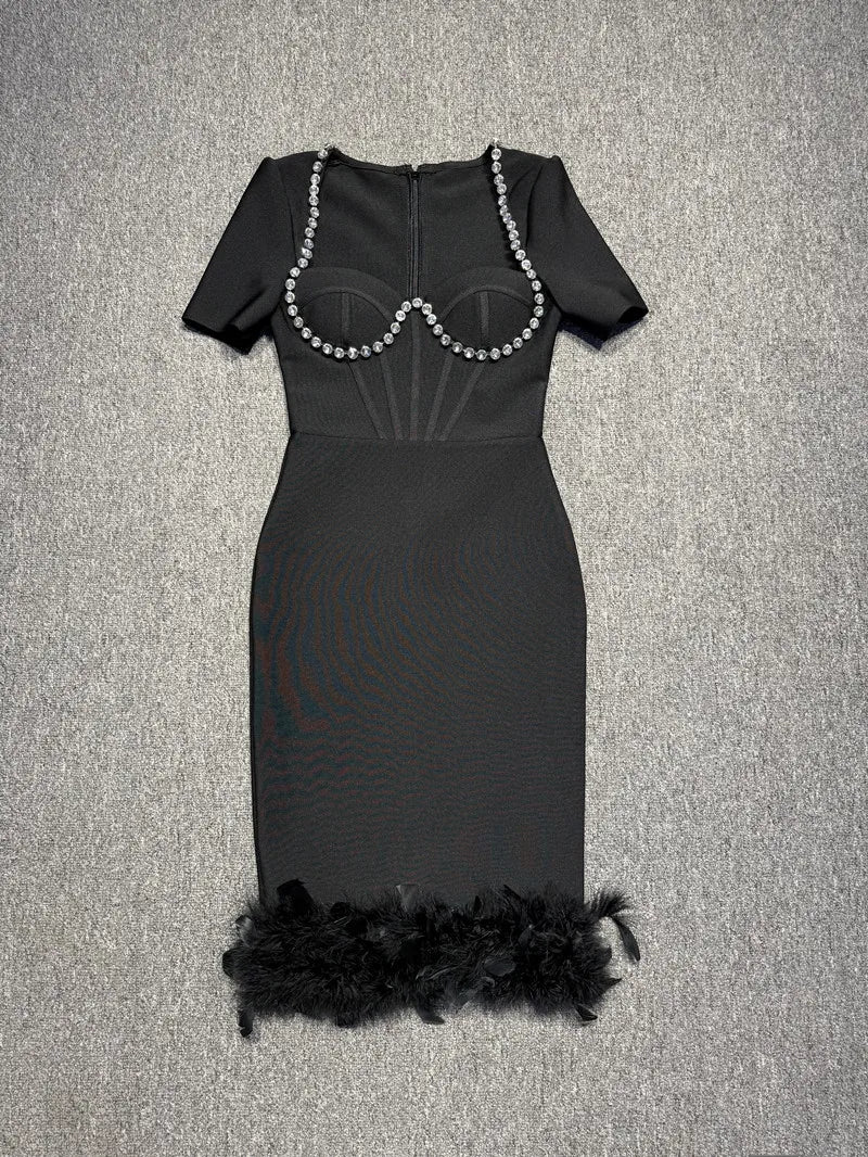 Black Color Women Sexy Short Sleeve Square Collar Feathers Bodycon Mid-calf Bandage Dress Celebrate Nightclub Party Fashion Wear