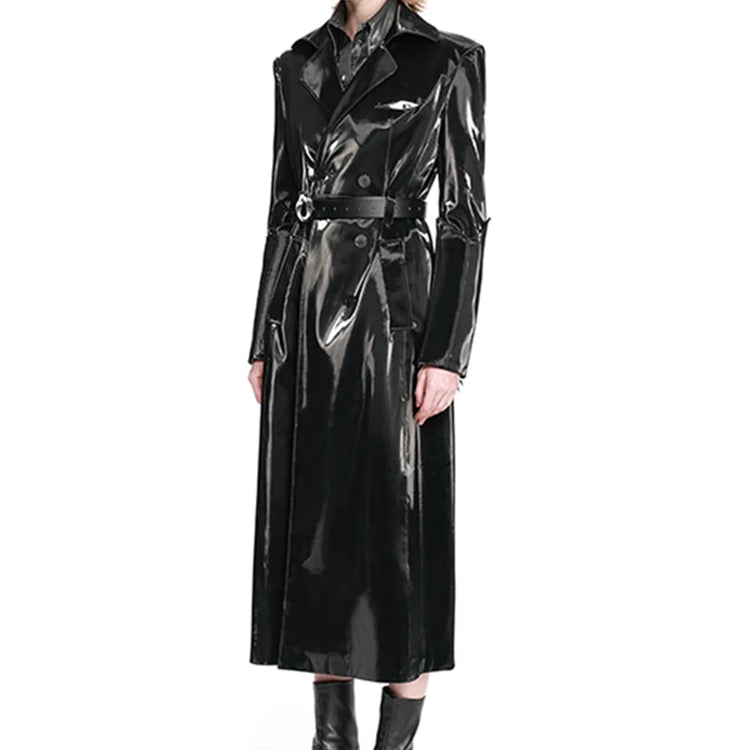 Lautaro Spring Long Shiny Reflective Hard Black Faux Patent Leather Trench Coat for Women Belt Double Breasted Overcoat 2025