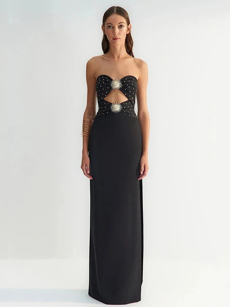 Black & Pink Sexy Strapless Hollow Out Diamond High Slit Shinning Rhinestones Bandage Long Dress Bodycon Celebrity Dress