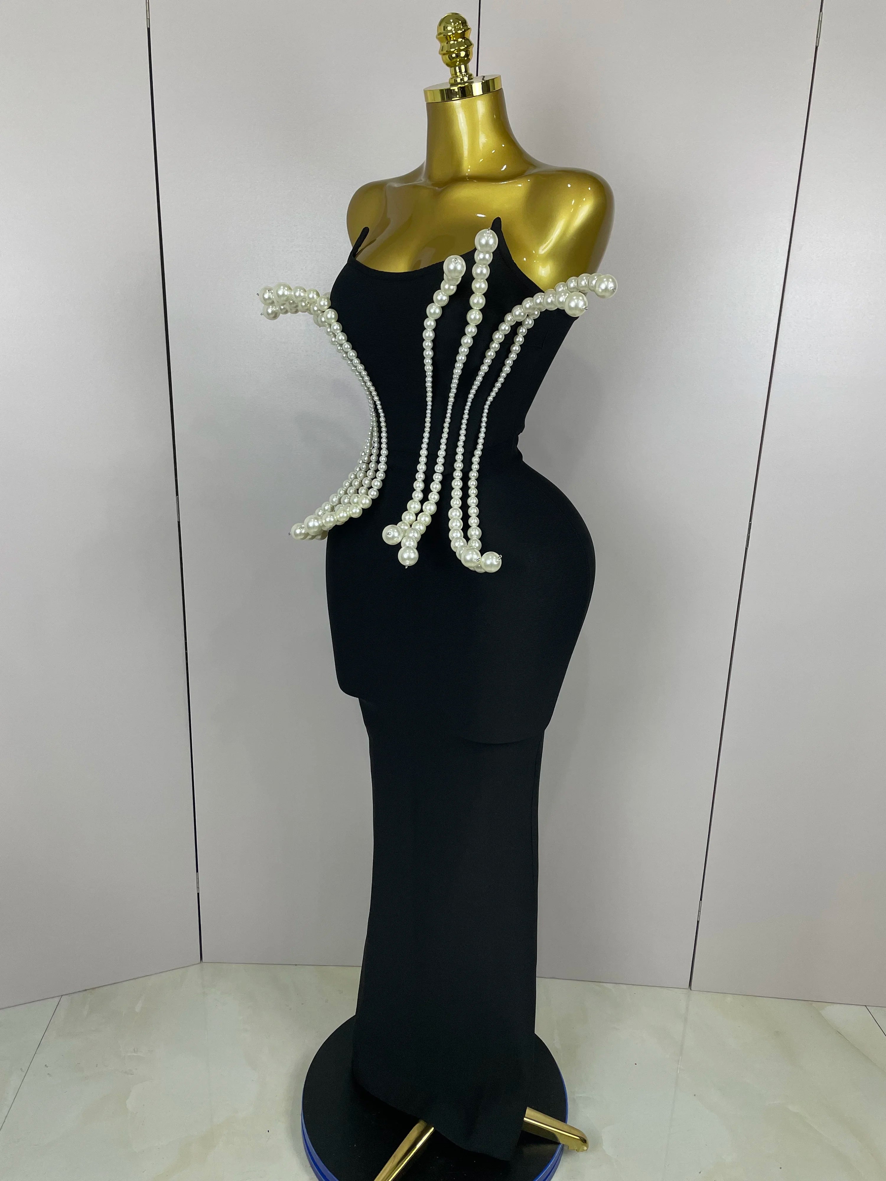 2025 New Sexy Strapless Pearl Beading Bodycon Long Bandage Dress Women Fashion Elegant Evening Party Luxury Birthday Dresses