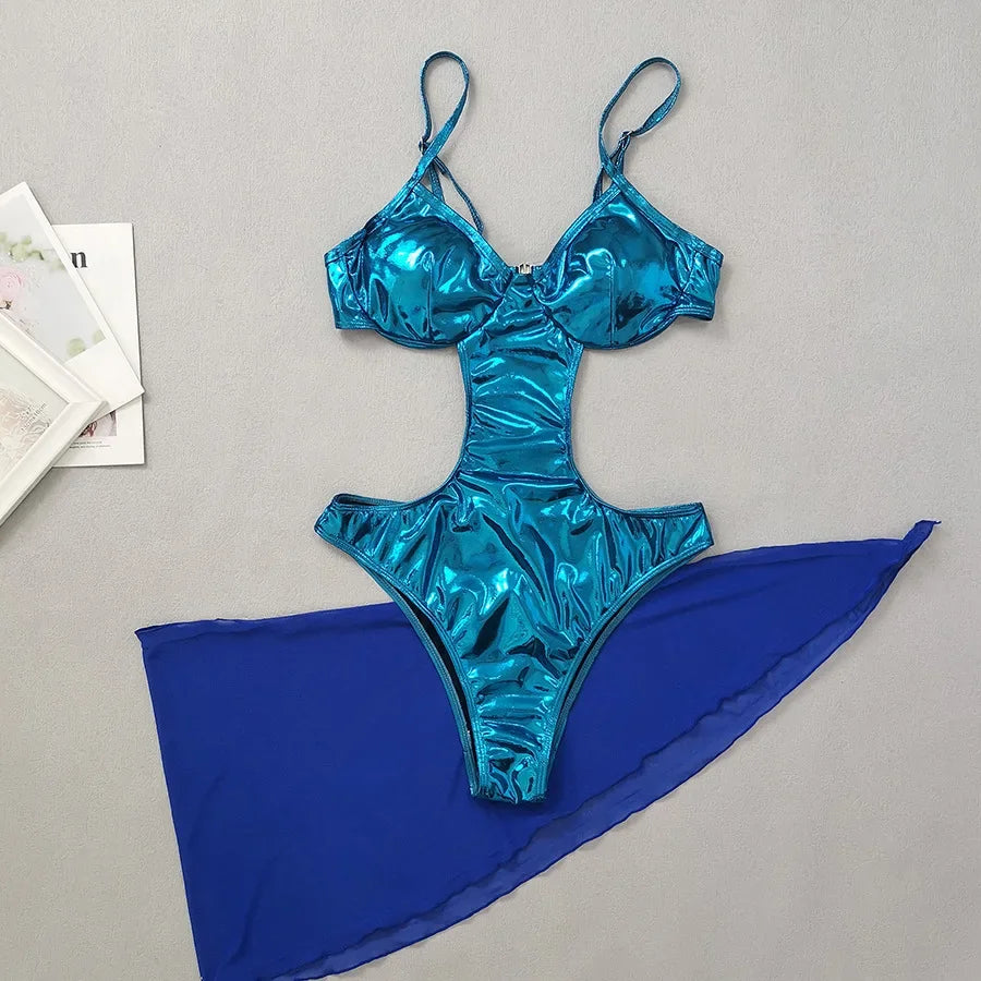 Blue Shiny High Waist Bikini, Hollow Out 2 Piece Gauze Skirt Swimsuit,summer Beach Vacation Backless Bathing Suit Swimwear