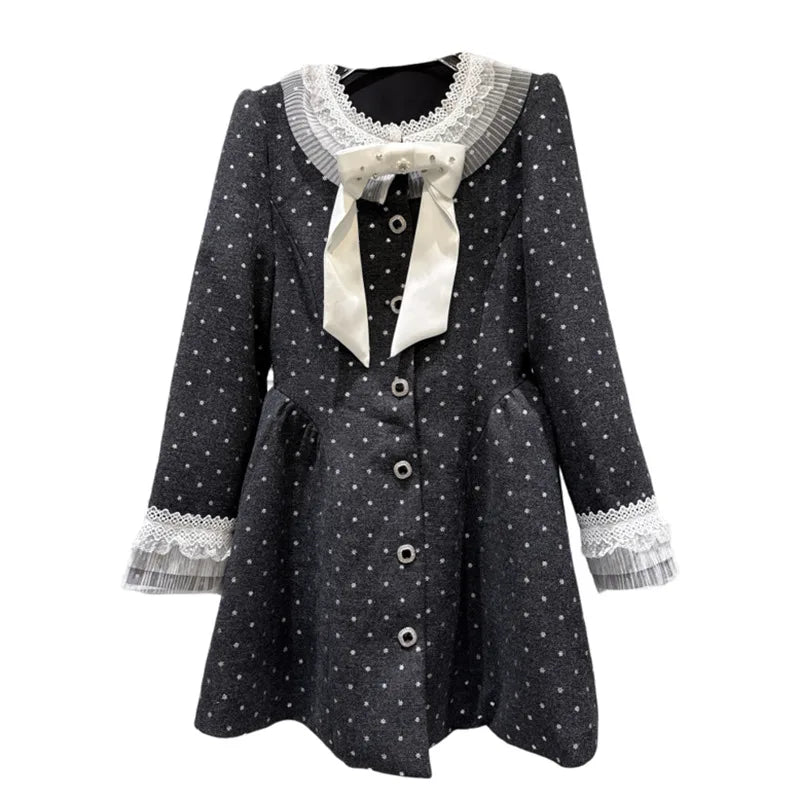 Winter New Fashion Style Diamond Bow Waist Woolen Quilted Trench Coat For Women Elegant Long Windbreaker 11A07557