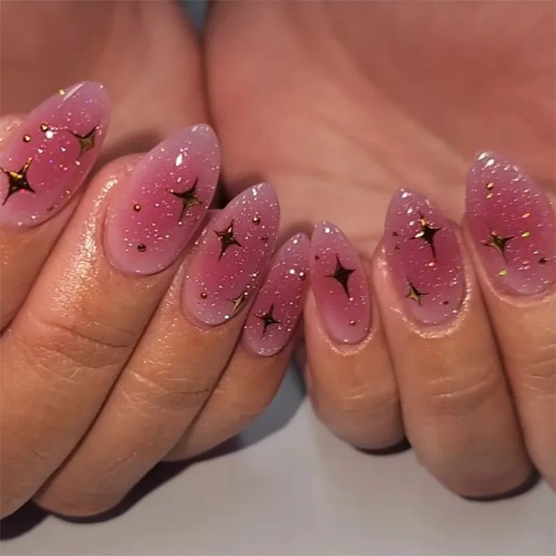 Medium fake nails for women gilrs gradient blue pink starry sky star moon Y2K design Almond nail tips press on false nail set 2231