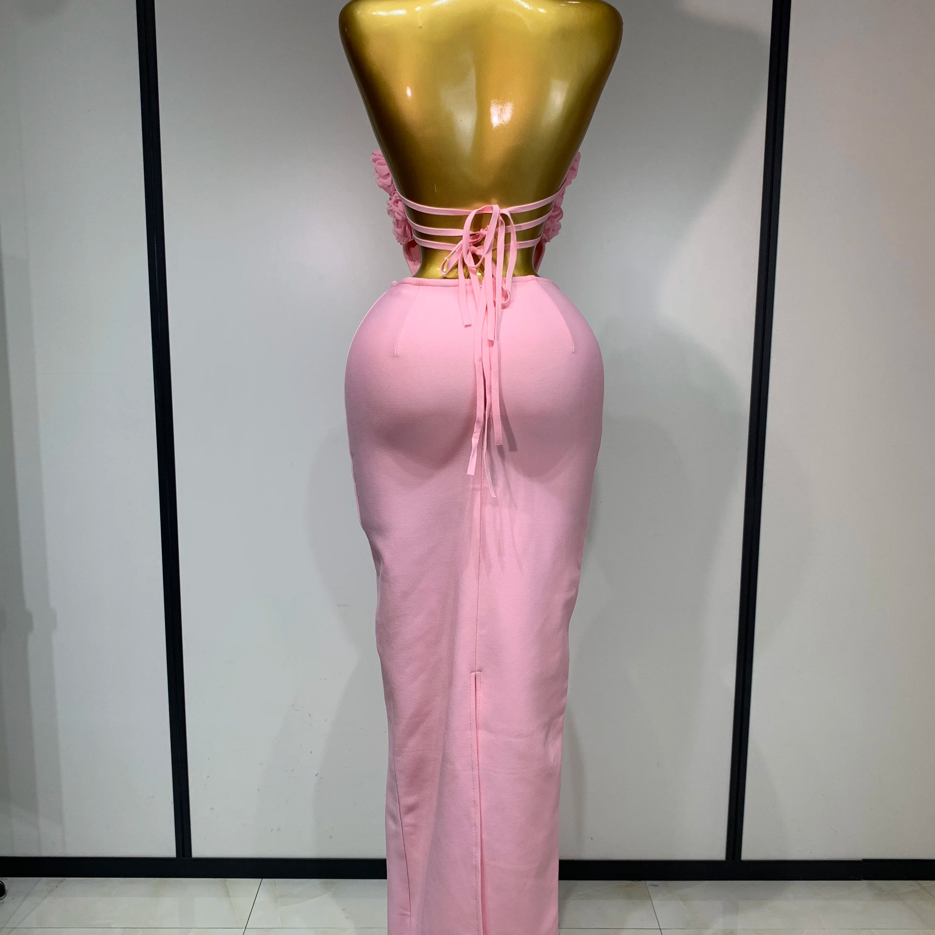 Luxury Birthday Dress Women Celebrity Sexy Halter Backless Flower Long Bandage Bodycon Dress 2025 Elegant Evening Party Outfit 