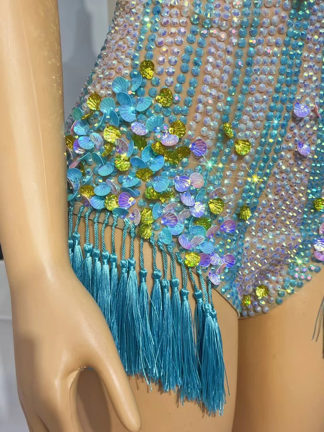 Sparkly Rhinestone Shell Tassel Bodysuit Club Dance Performance Leotard Women Nightclub Party Singer Stage Sexy Bodysuit Nanning