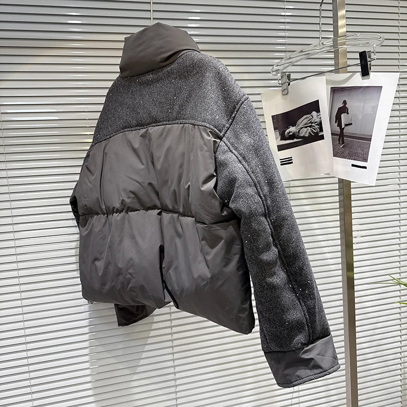 Winter New Fashion Patchwork Shiny Fabric Beaded Pocket Warm Jacket For Women Versatile Cotton-padded Coat 11A07930