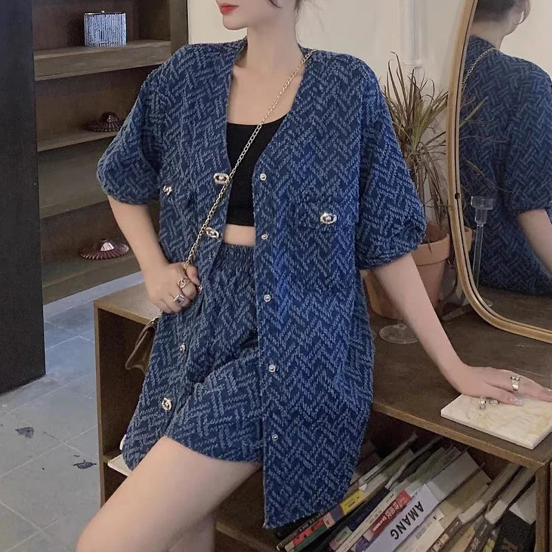 Summer New Printing Ladies Suits Fashion Loose Short Sleeve Button Cardigan and Elastic Waist Casual Pockets All-match Shorts