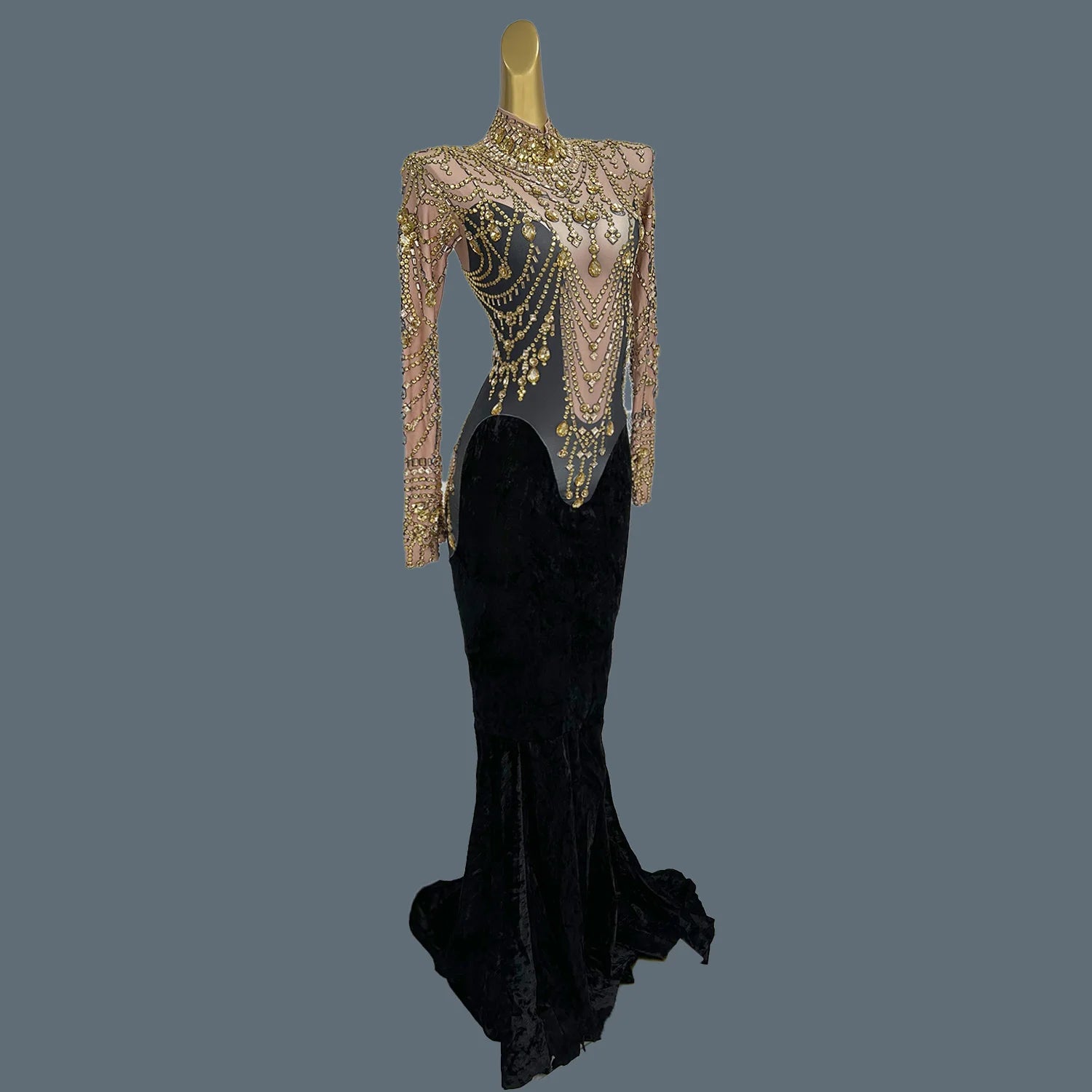 Elegant Gold Crystal Velvet Birthday Wedding Party Dress Ladies Trailing Ball Evening Gown Women Prom Mermaid Dresses Sirongqun