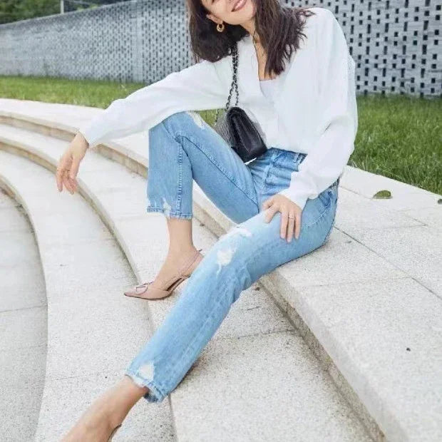 Spring Summer New Women High Waist Distressed Retro Jeans Casual Fashion Ankle-length Denim Pants