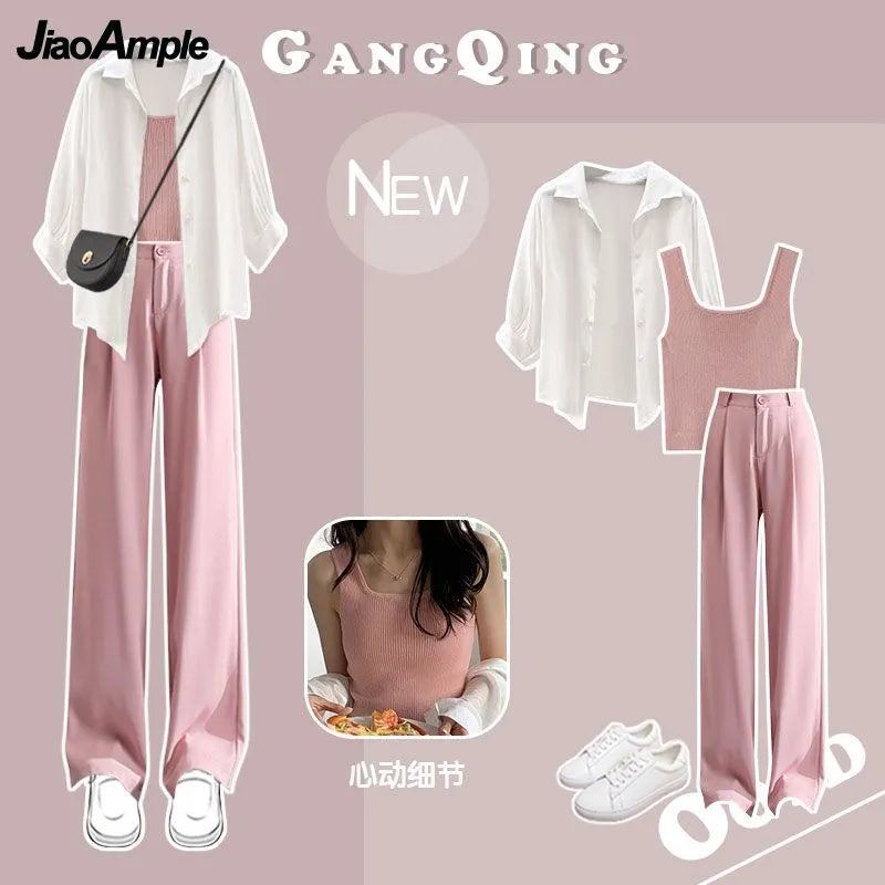 Women's Summer Suit 2024 New Casual Sunscreen Shirt Top+Strap+Casual Pants 3 Piece Korean Elegant Blouse Trousers Matching Set