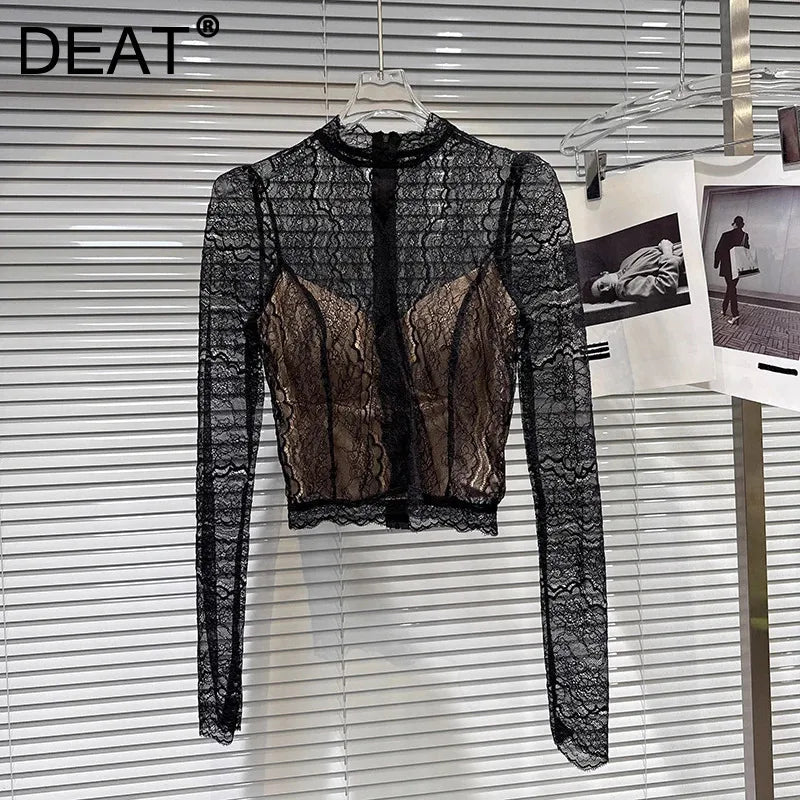 Winter New Fashion Slightly Transparent Lace Design Chest Pad Lined Lace Blouse For Women Versatile Shirts 11A07674