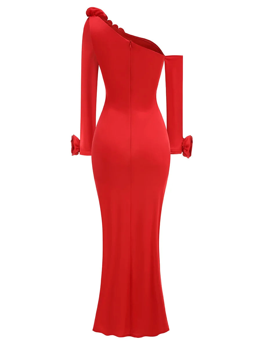 Women Celebrity Sexy Off Shoulder Flower Red Ruched Maxi Long Gowns Dress 2024 Elegant Evening Party Club Vestido