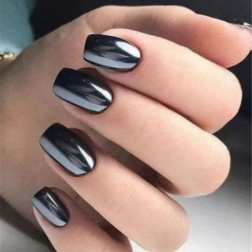 24pcs/set short fake nails metallic red black rose green blue silver golden square tips mirror effect press on false nail art Black