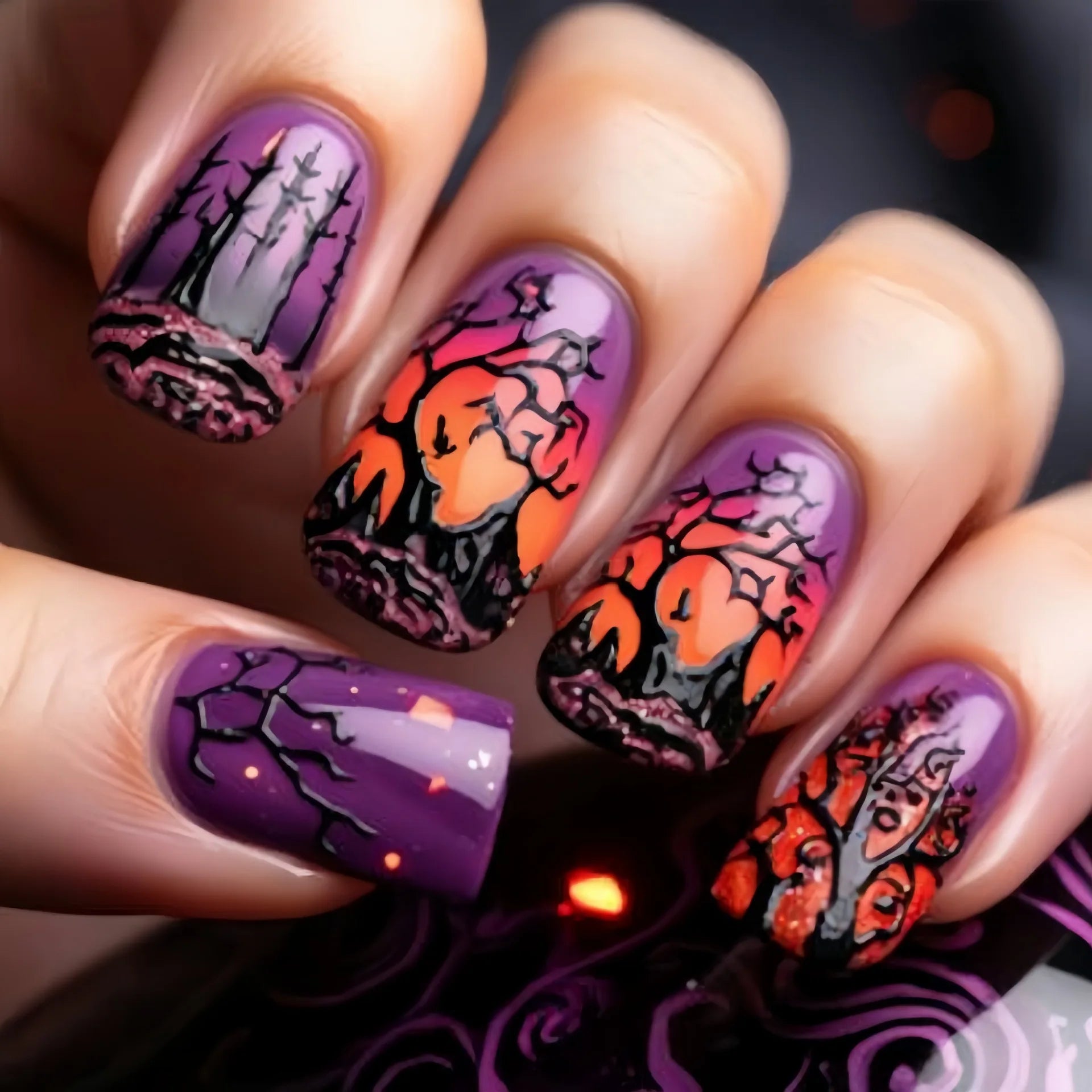 24pcs/set Short Medium fake nails for Halloween party Dead trees and crows bat Night sky Square almond tips press on false nail 2723