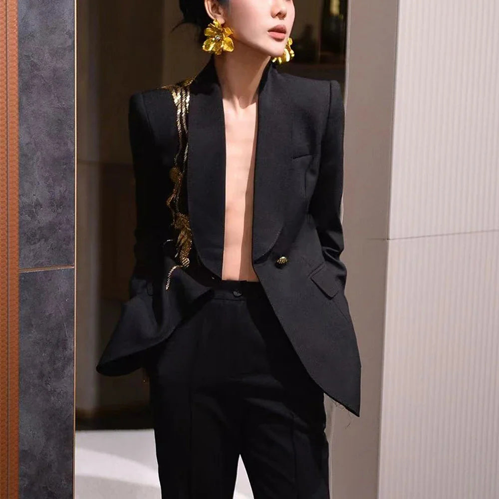 Solid Slimming Spliced Bead Elegant Blazer for Women Lapel Long Sleeves Patchwork Buttons Coat Female Clothing New BLACK