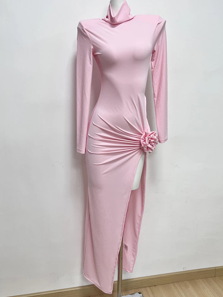 Pink Long Dresses For Women Chic And Elegant Long Sleeve Hollowed Out 3D Flower Pleated High Slit Celebrity Party Gown