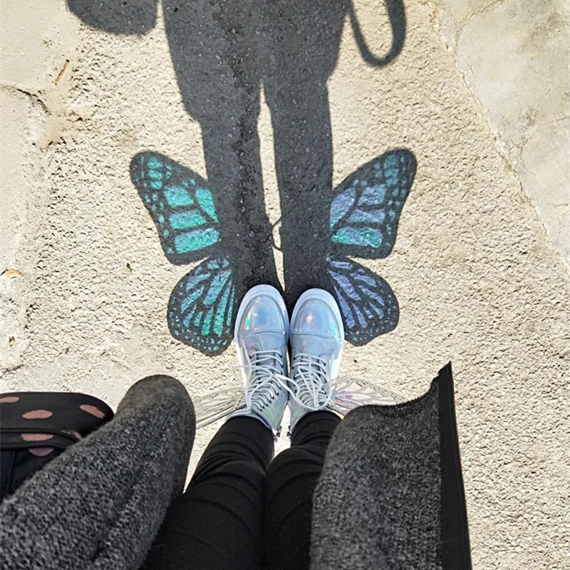 Butterfly Wings Women Shoes Shine Silver Leather Flat Sneakers Lace Up Women's ankle boots high-top Leisure Platform Shoes 2024