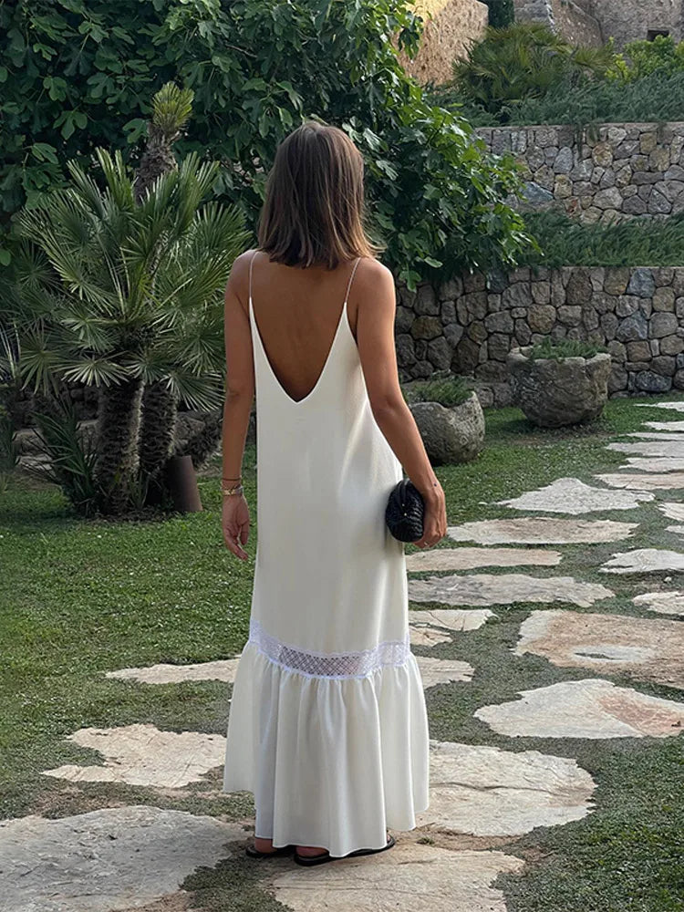 Elegant Women's Backless Satin Maxi Dress Casual Loose V Neck Side Splited Strap Robe 2024 Summer Female Vacation Beach Sundress Brown
