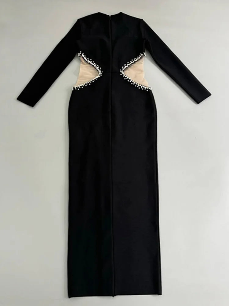 Women Celebrity Sexy Long Sleeve V Neck Beading Mesh Black Maxi Long Bandage Dress 2025 Elegant Evening Club Party Outfit