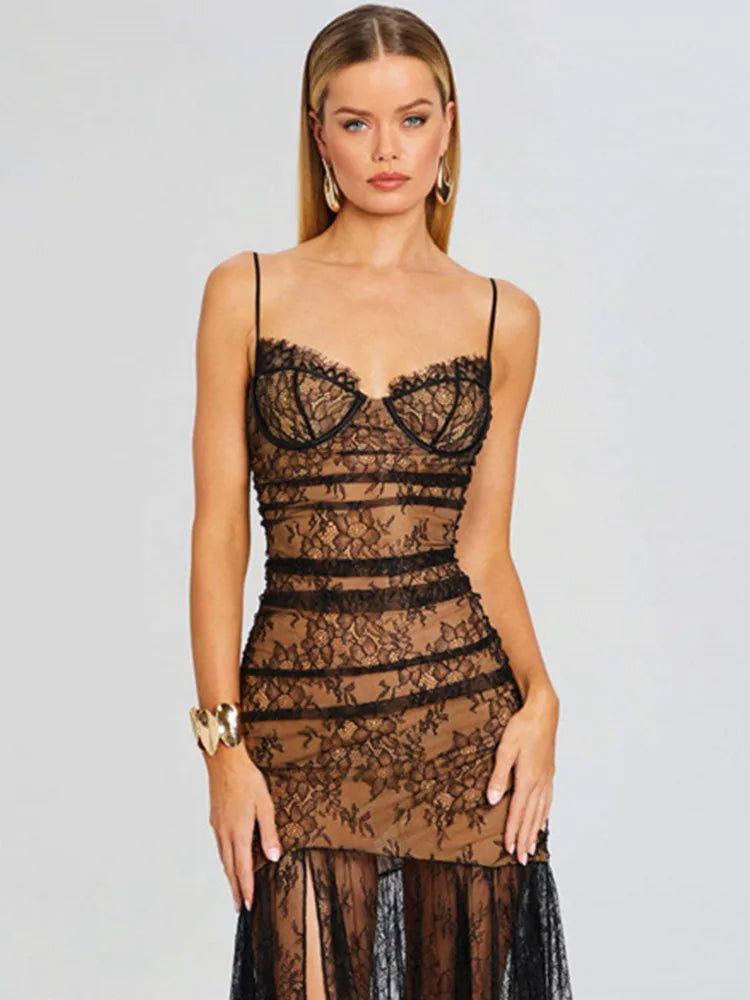 Women Celebrity Sexy Sleeveless Black Mesh Ruched Black Lace Maxi Long Gowns Dress 2024 Elegant Evening Party Club Vestido