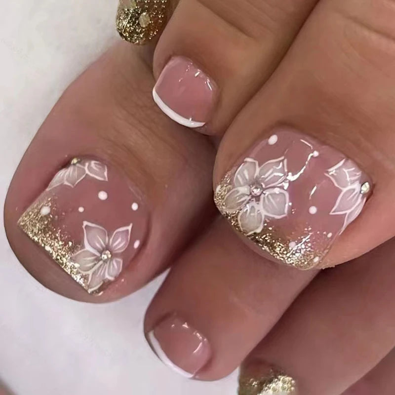 24pcs/set hot teo fake nails for summer season glitter rhinestones flowers bow Leopard watermelon pattern press on false nails 1474