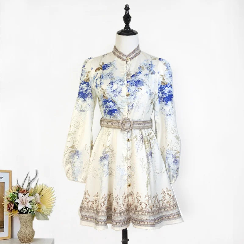 Real Shot In Stock 2025 Spring Summer New Printed Single-Breasted Exquisite Flower Button Short A-Line Dress + Belt