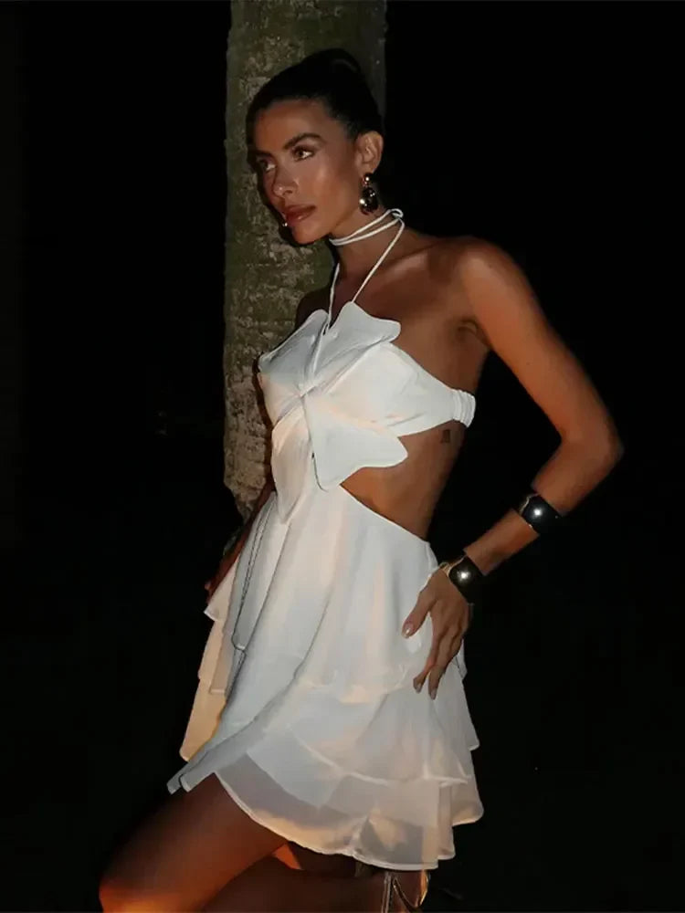 Women Sexy 3D Flower Halter Backless Mini Dress Solid Sleeveless Pleated Skirt New Spring Summer Lady Beach Party Vestidos