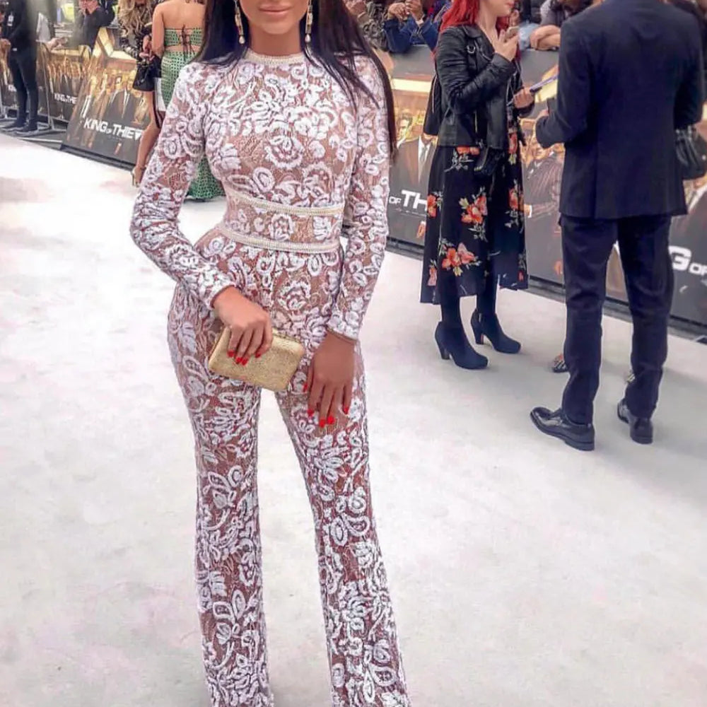 2025 Women'S Light Luxury Sequin Patchwork Bandage Jumpsuit O-Neck Long Sleeved Waistband Flared Jumpsuit Pants Party Jumpsuit