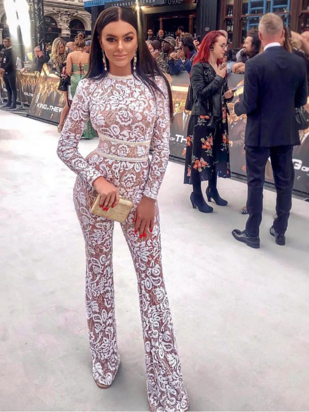 2025 Women'S Light Luxury Sequin Patchwork Bandage Jumpsuit O-Neck Long Sleeved Waistband Flared Jumpsuit Pants Party Jumpsuit